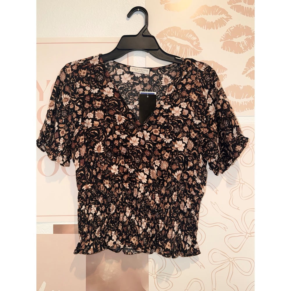 Paper Crane Womens Floral Smocked V-Neck Blouse Black Brown Medium C11487AU